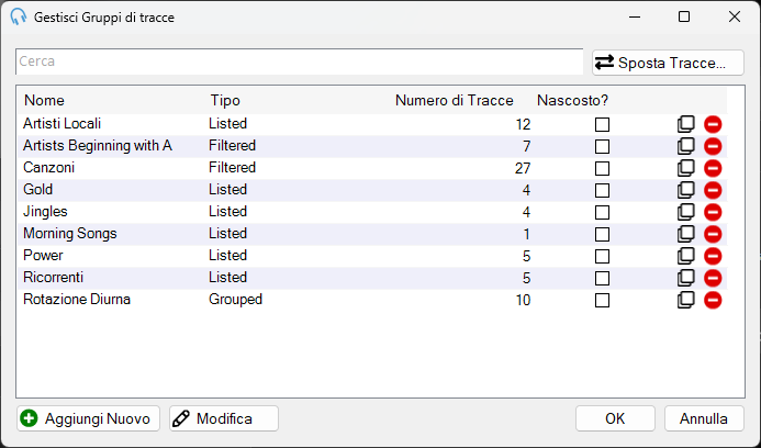 Finestra Gestisci Gruppi di tracce di PlayIt Live