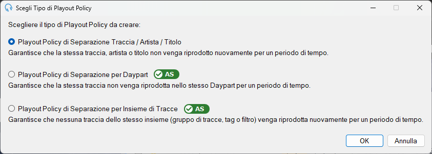 Finestra Scegli Tipo di Playout Policy