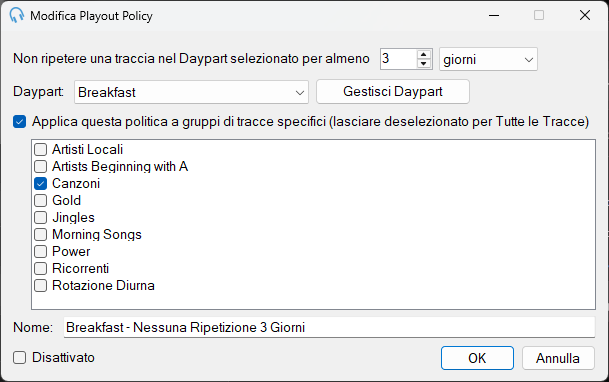 Finestra Modifica Playout Policy di Separazione per Daypart