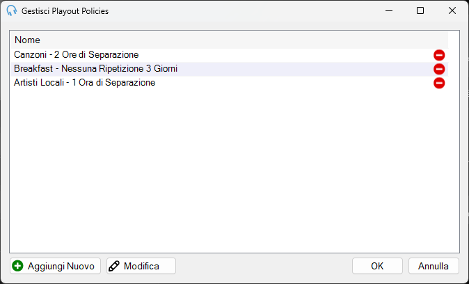 Finestra Gestisci Playout Policies