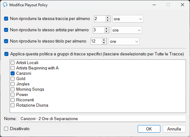 Finestra Modifica Playout Policy di Separazione Traccia / Artista / Titolo