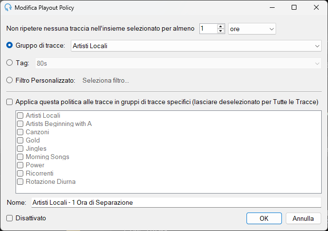 Finestra Modifica Playout Policy di Separazione per Insieme di Tracce