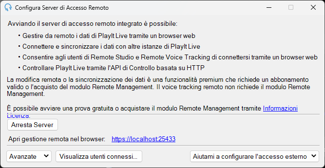 Finestra di configurazione del server di accesso remoto integrato