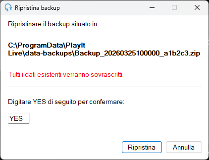 Finestra Ripristina backup