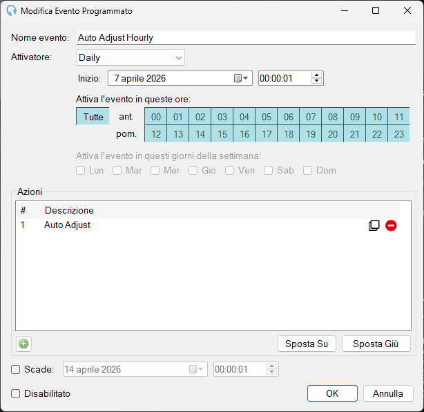Modifica Evento programmato con azione Auto Adjust