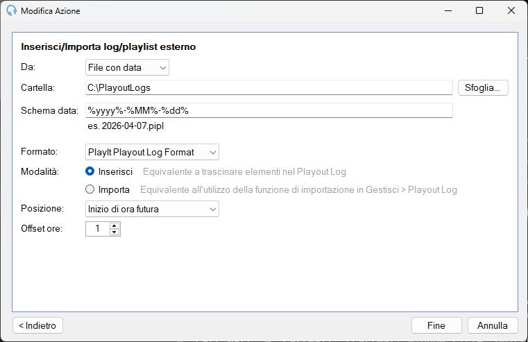Azione Inserisci log/playlist esterno