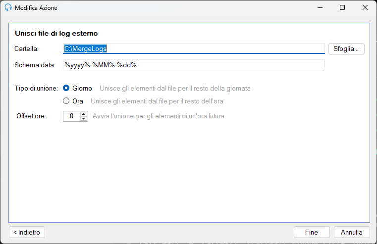 Azione Unisci File di Log Esterno
