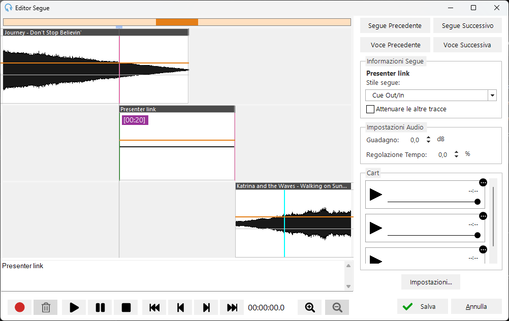Editor Segue con segnaposto di voice track pronto per la registrazione