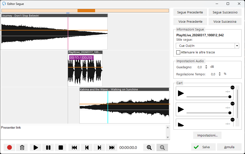 Editor Segue con un voice track registrato, ritagliato