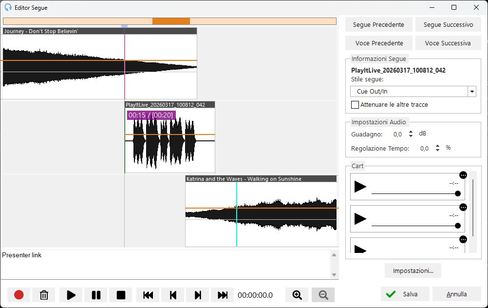 Editor Segue con un voice track registrato, non ritagliato