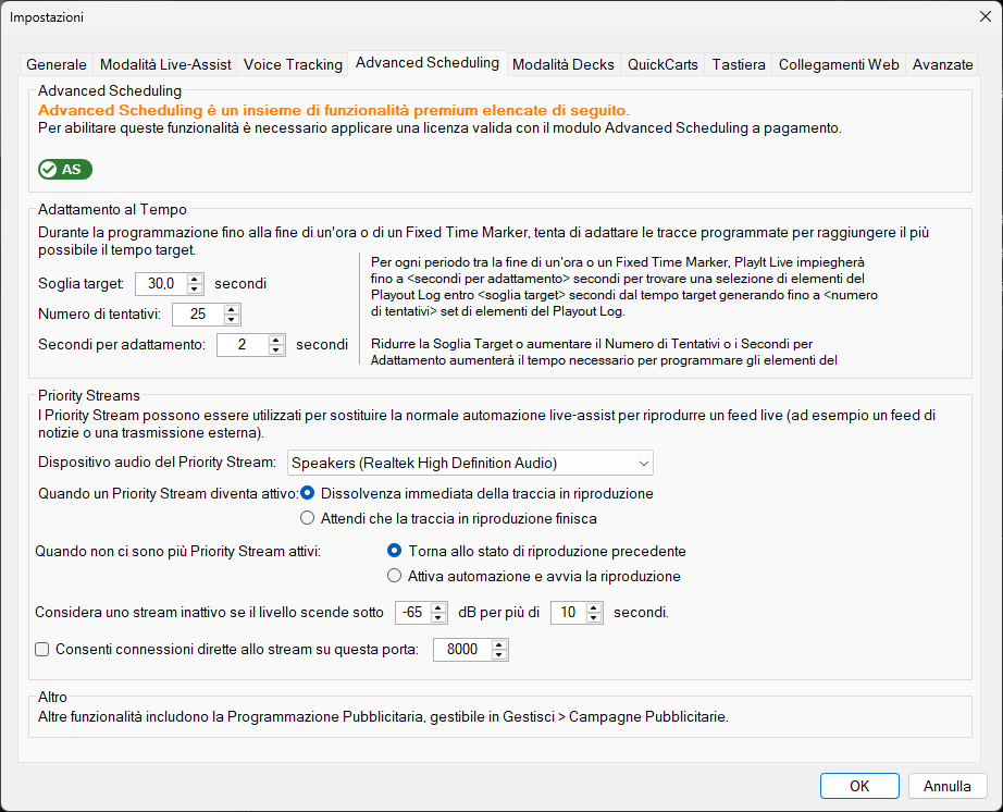 Impostazioni PlayIt Live - Scheda Advanced Scheduling