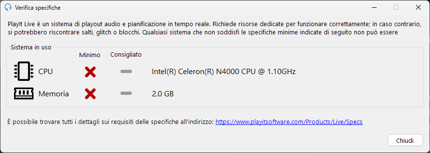 Finestra Verifica specifiche che mostra requisiti non soddisfatti