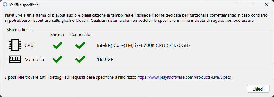 Finestra Verifica specifiche che mostra tutti i requisiti soddisfatti