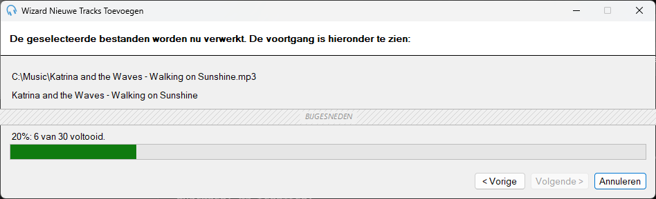Voortgangspagina van de Wizard Nieuwe Tracks Toevoegen van PlayIt Live