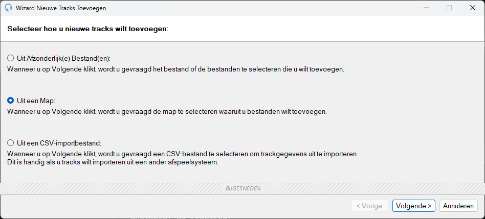 Bronkeuze-pagina van de Wizard voor het toevoegen van nieuwe tracks in PlayIt Live