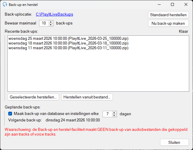 Venster Back-up en herstel