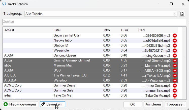 Venster Tracks beheren met meerdere geselecteerde tracks