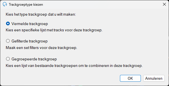 PlayIt Live – Venster Trackgroeptype kiezen