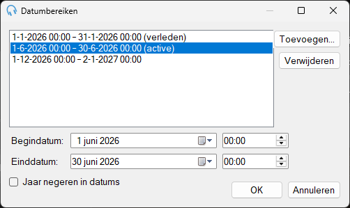 Het venster Datumbereiken met een lijst van actieve, aankomende en verleden bereiken