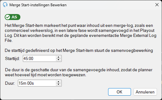 Venster «Merge Start-instellingen Bewerken»