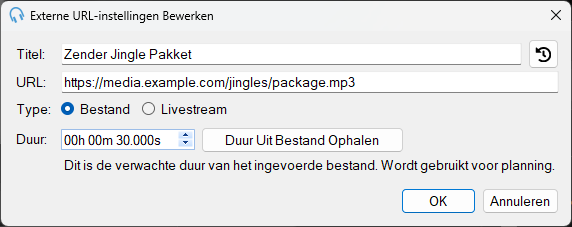 Venster Instellingen externe URL bewerken