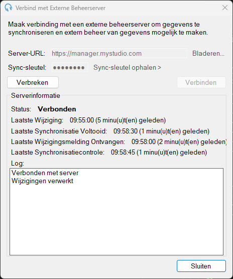 Venster Verbind met Externe Beheerserver