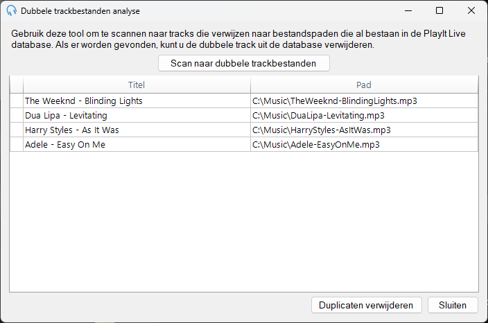 Venster Analyse van dubbele trackbestanden