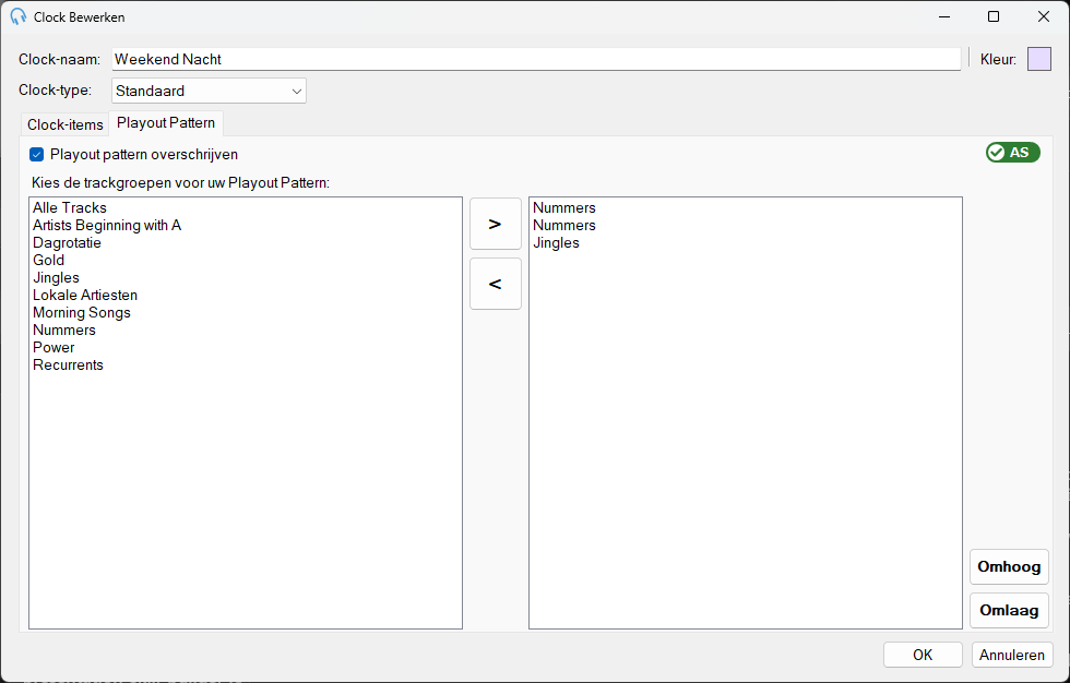 Het tabblad Playout Pattern van het venster Clock Bewerken met "Playout pattern overschrijven" aangevinkt en een aangepaste trackgroeplijst