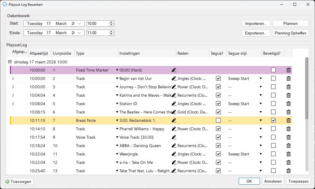 Venster Playout Log bewerken met geplande items