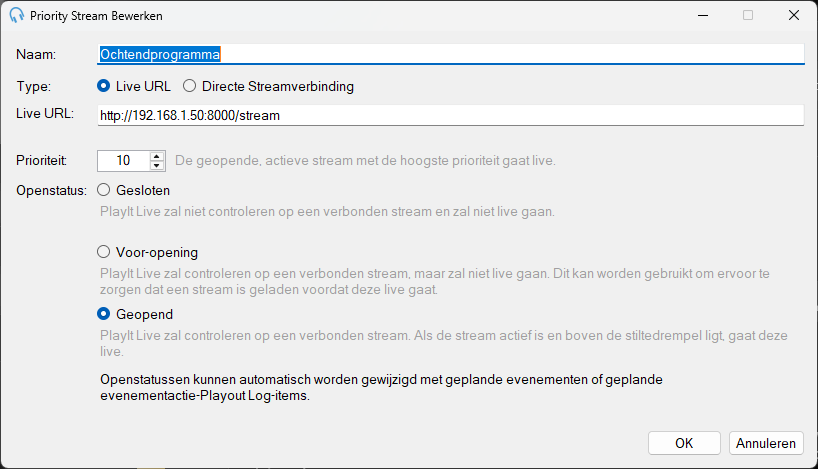 Venster Priority Stream bewerken