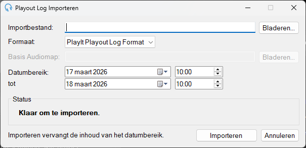 Venster Playout Log Importeren