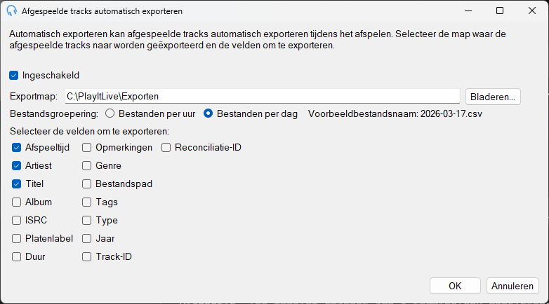Venster Automatisch exporteren van afgespeelde tracks