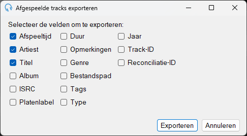 Venster Afgespeelde tracks exporteren