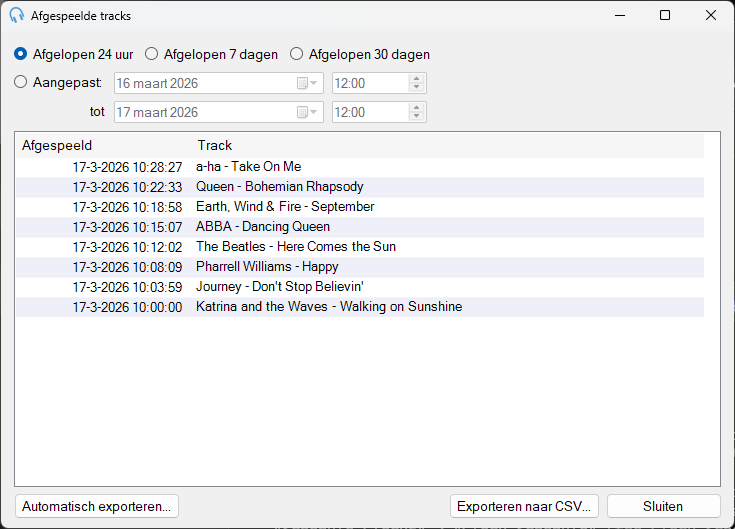 Venster Afgespeelde tracks