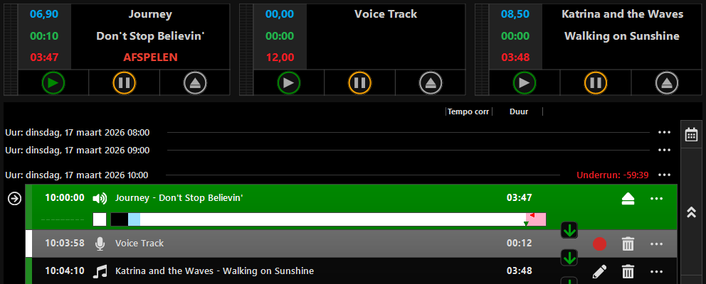 PlayIt Live met een opgenomen voice track in het Playout Log