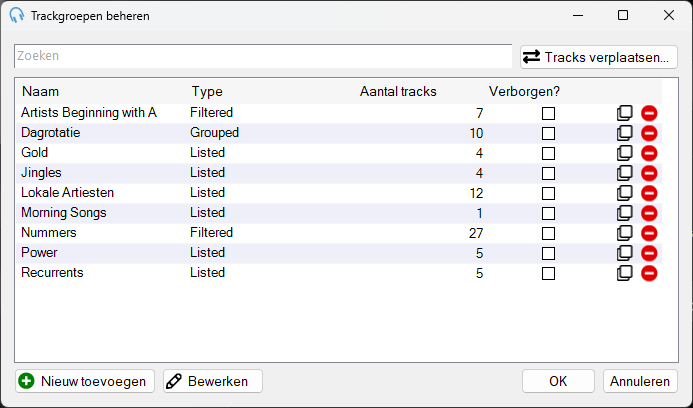 PlayIt Live venster Trackgroepen beheren