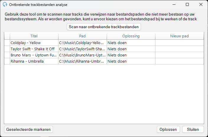 Venster Ontbrekende trackbestanden analyse
