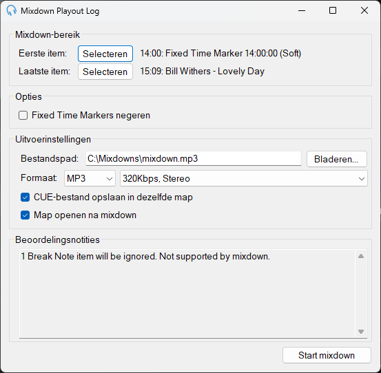 Venster Mixdown Playout Log