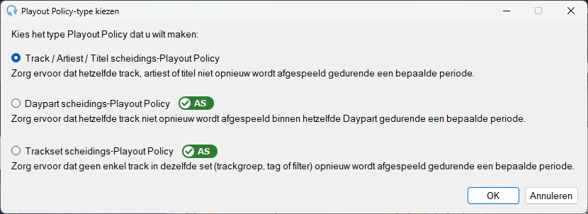 Venster Playout Policy-type kiezen
