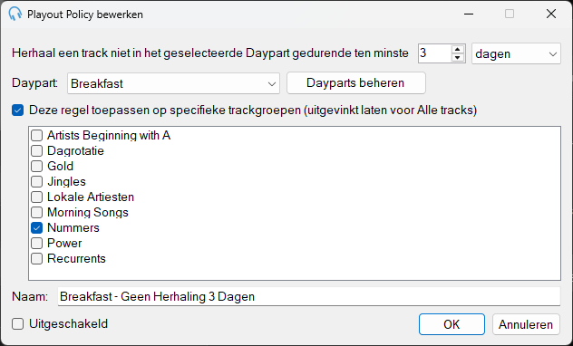 Venster Daypart scheidings-Playout Policy bewerken