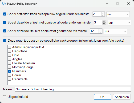 Venster Track / Artiest / Titel scheidings-Playout Policy bewerken
