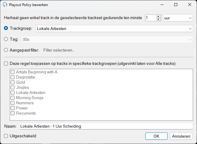Venster Trackset scheidings-Playout Policy bewerken