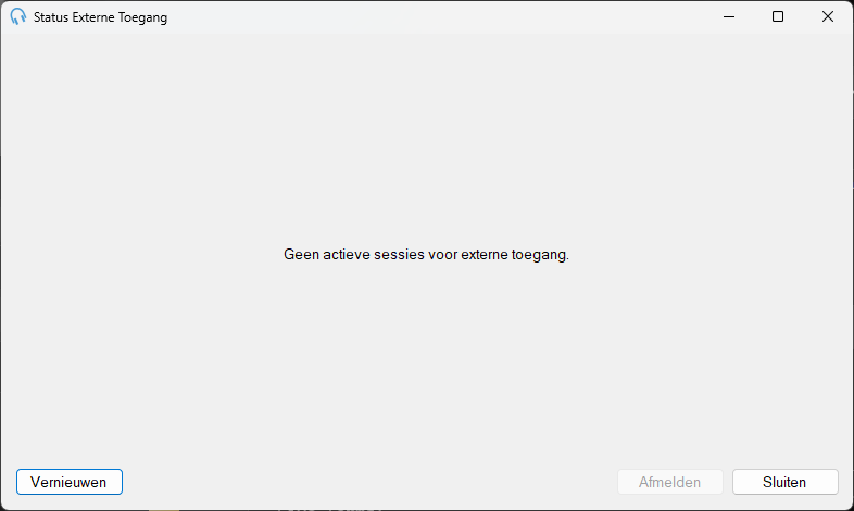 Het venster Status Externe Toegang zonder actieve sessies, met een bericht in plaats van de lijst