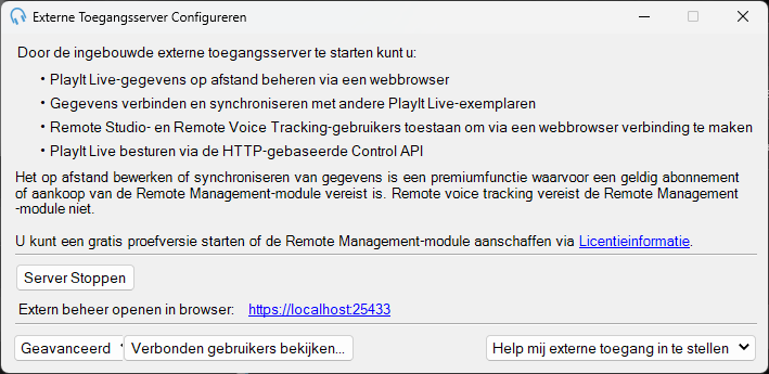 Configuratievenster van de ingebouwde externe toegangsserver