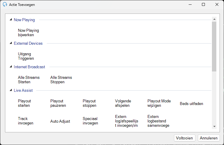 Selecteer actietype