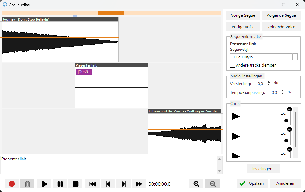 Segue-editor met voice track-tijdelijke aanduiding klaar om op te nemen