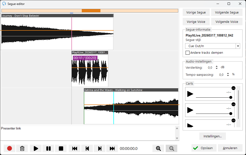 Segue-editor met een opgenomen voice track, bijgesneden