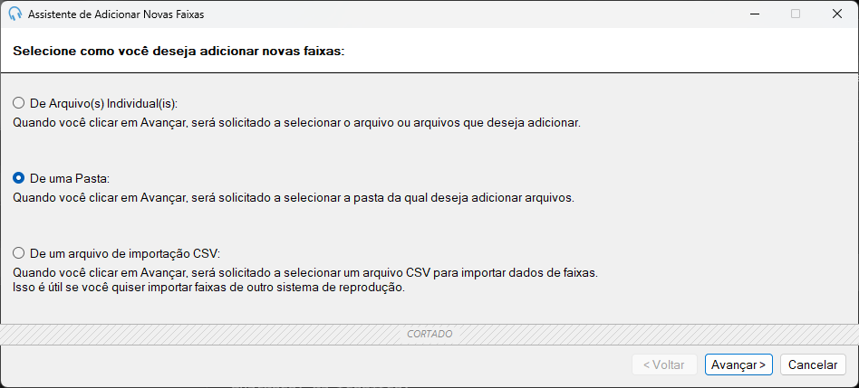 Página de seleção de origem do Assistente de Adicionar Novas Faixas do PlayIt Live
