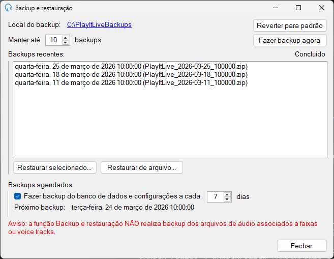 Janela Backup e restauração