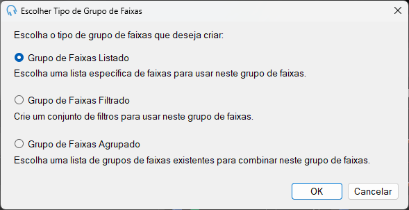 Janela Escolher Tipo de Grupo de Faixas do PlayIt Live
